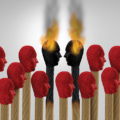 Illustration of matches with faces for tips with two on fire to represent hot heads.